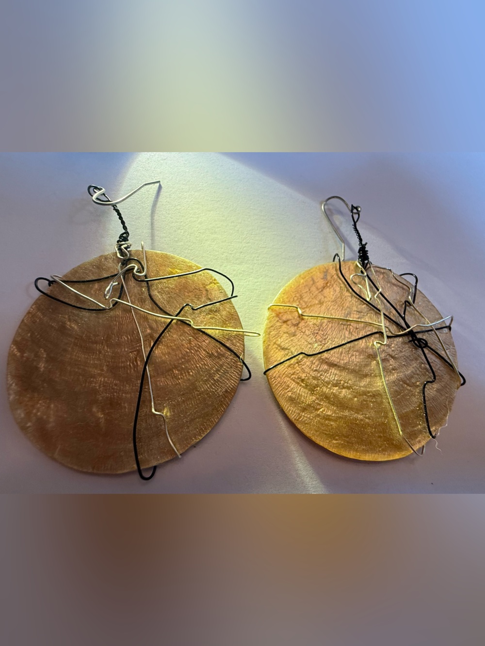 Artisan Shell Statement Earrings Mixed Metal Abstract Wire OOAK
